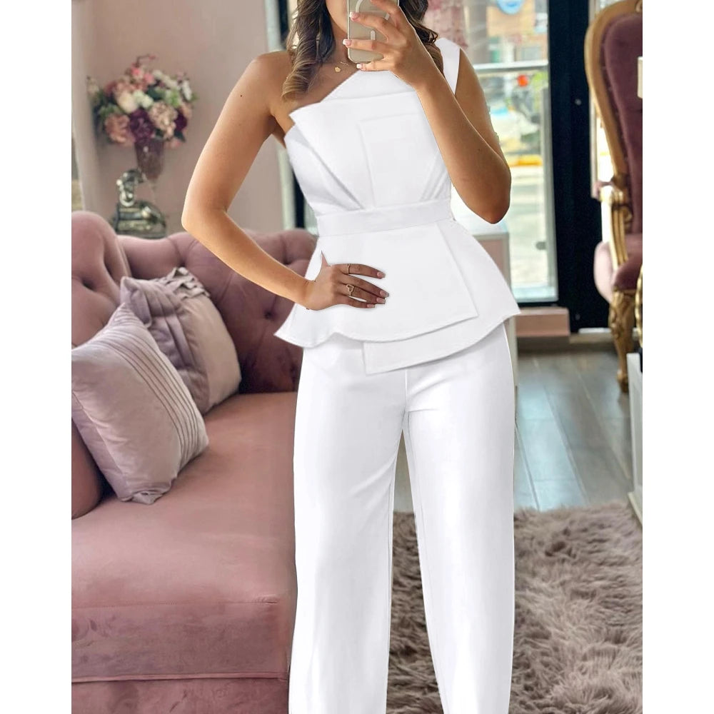 Women One Shoulder Ruched Top & Straight Leg Pants Set Causal Elegant Solid Color Two Pieces Office Suits Set y2k Clothes