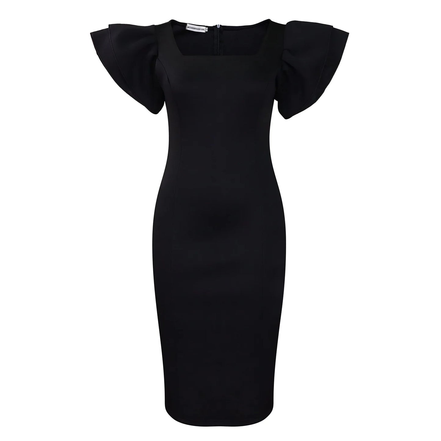 Elegant Bodycon Dresses for Women Square Neck Ruffles Sleeve Sheath Package Hips Mid Calf Professional Business Work Dress Midi