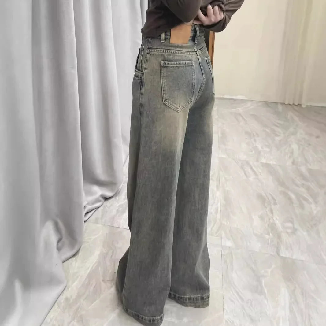 Vintage Distressed Wide-leg Jeans Women's Spring Summer New Loose-fit Slimming Draped Versatile Trailing Straight-leg Trousers