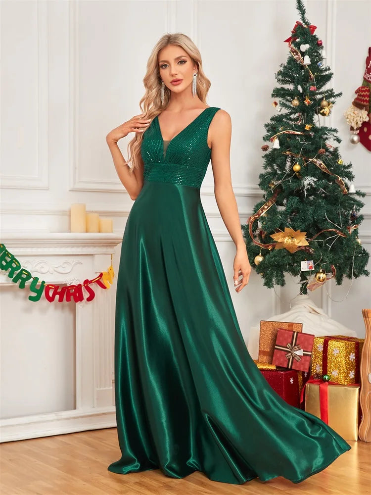 Lucyinlove Elegant Sequins Evening Dress For Women 2024 Deep V-neck Satin Prom Party Green Dress Floor Length Blue Formal Gowns