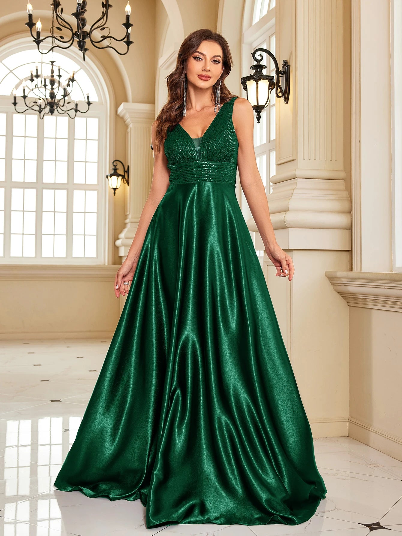 Lucyinlove Elegant Sequins Evening Dress For Women 2024 Deep V-neck Satin Prom Party Green Dress Floor Length Blue Formal Gowns