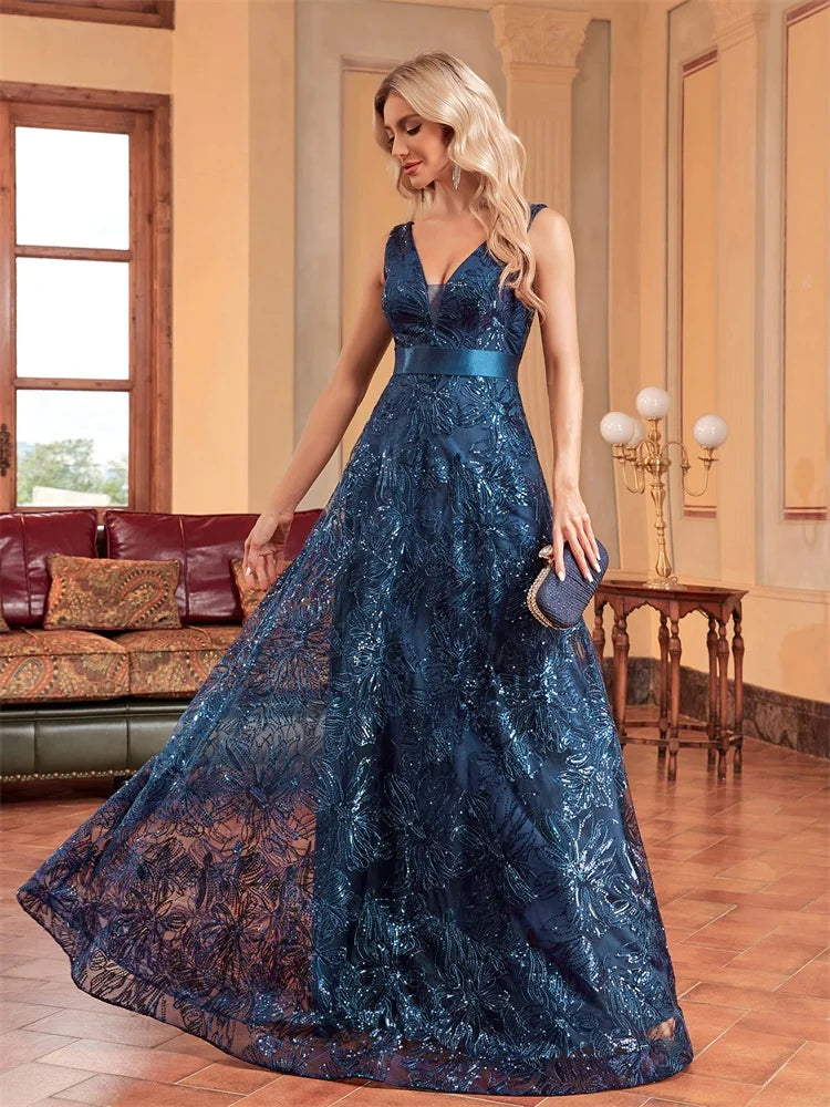 Lucyinlove Luxury Sexy Deep V-Neck Sequins Blue Evening Dresses Women Elegant V-back Wedding Party Long Prom Cocktail Dress