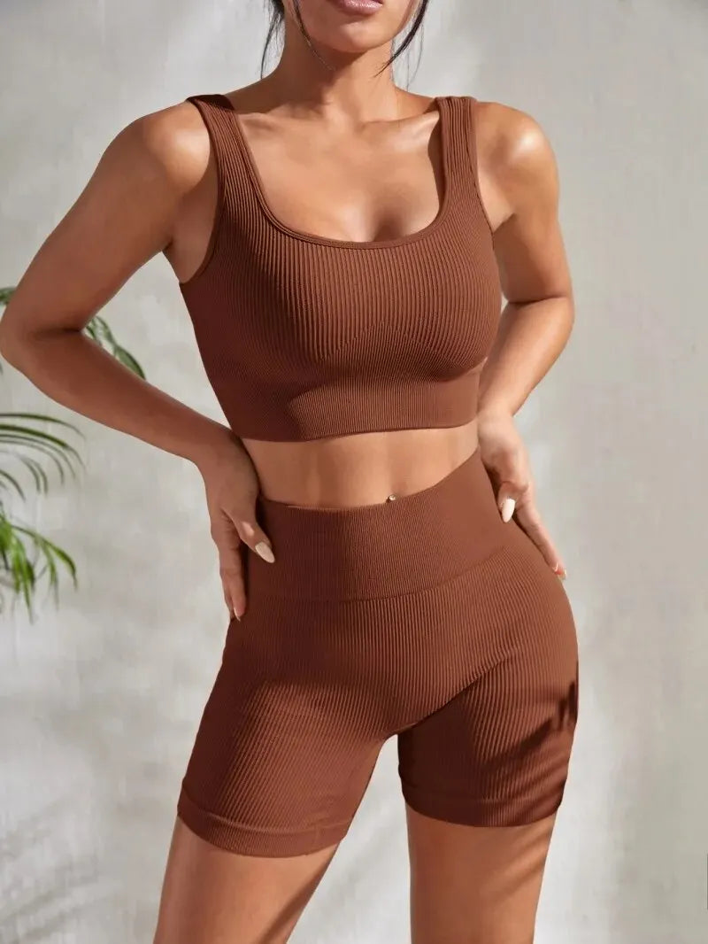 Seamless Ribbed Yoga Sets Workout Sets for Women 2 Pieces Gym Suits Ribbed Crop Tank High Waist Shorts Outfits Fitness Running