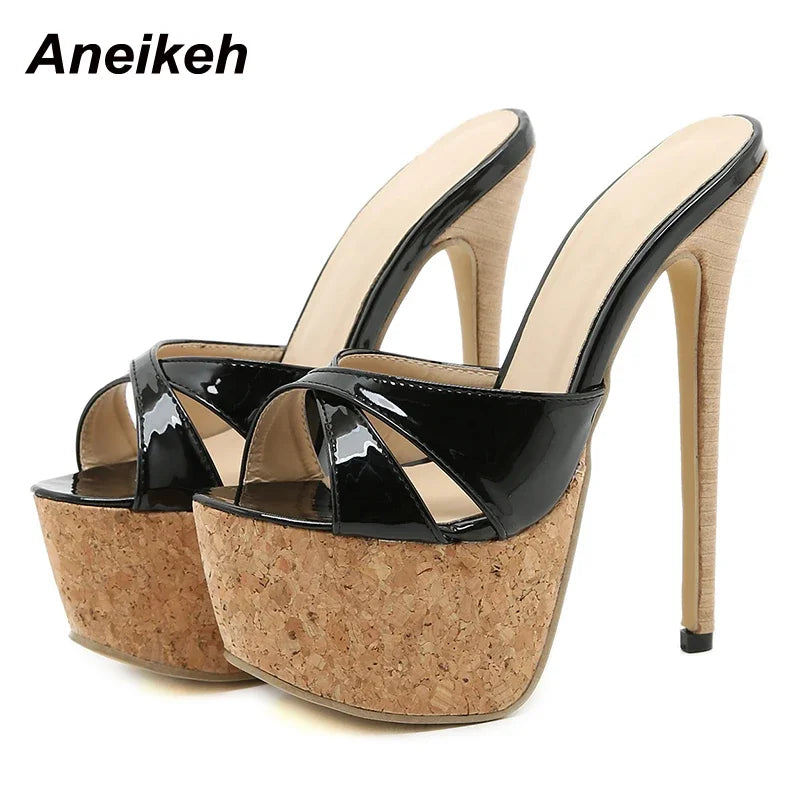 Aneikeh 2024 Summer Extreme Mules High Heels Women's Platform Sandals Shoes Ladies Slippers Slingback Peep-toe Slides Sandalias