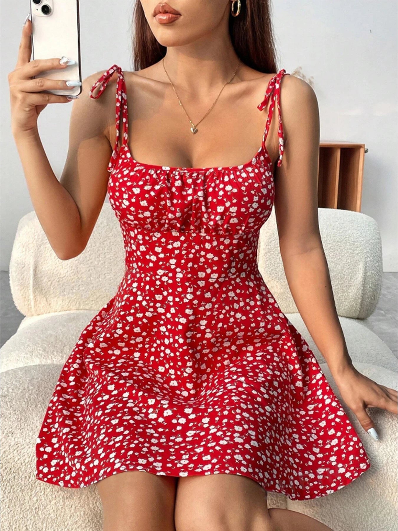 Floral Print Spaghetti Strap Dress, Elegant Vacation Style Backless Loose Ruched Tied Strap Dress For Spring & Summer, Women's C