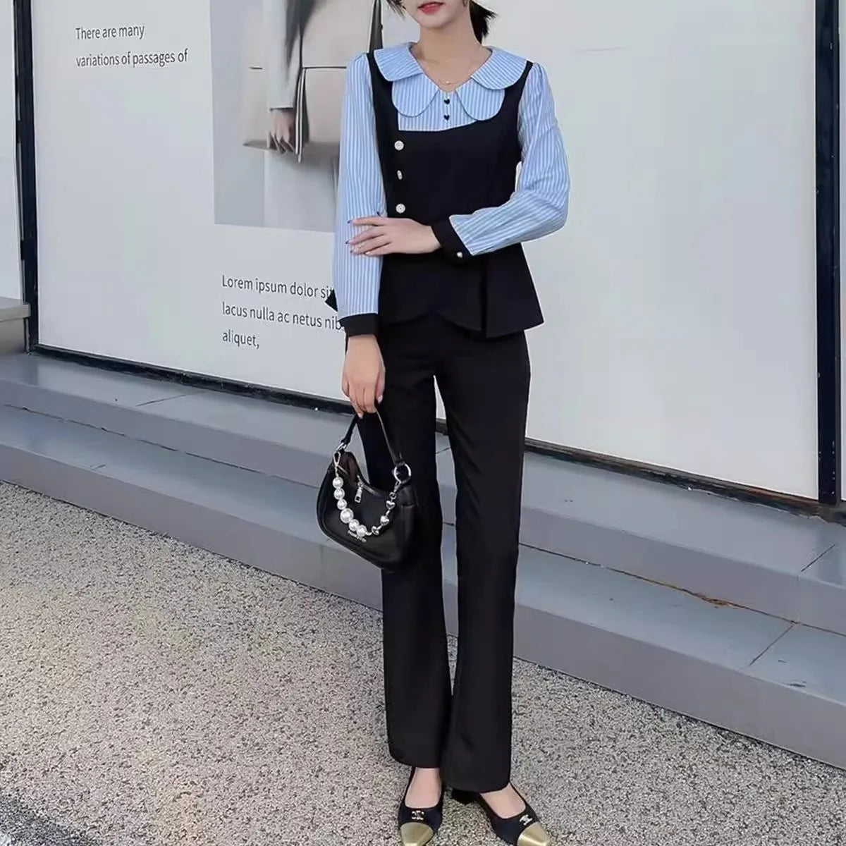 Fashion Ladies Set Office Clothes Autumn New Retro Slim Doll Collar Stripe Spliced Shirt Top Straight Pants 2-Piece Suit Women