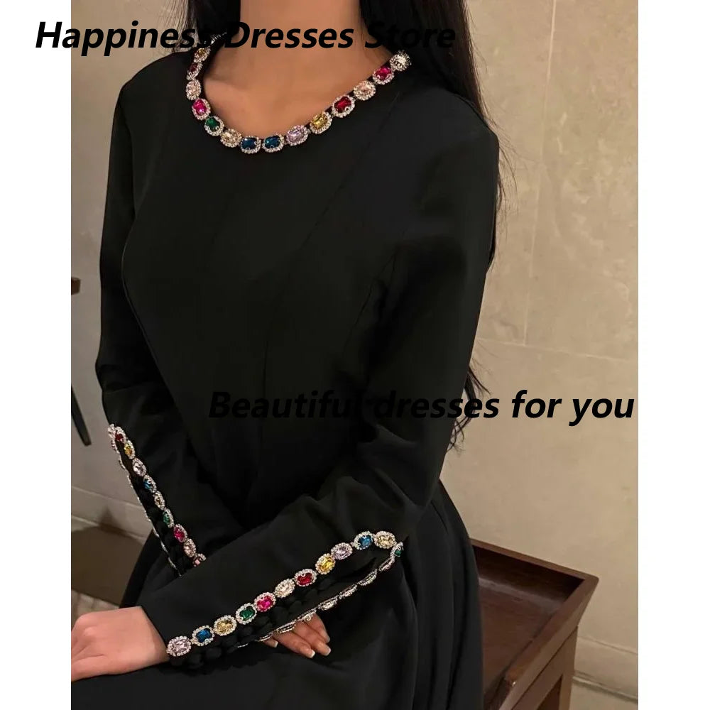 Customized Black O-Neck Evening Dress Elegant Crystals Jersey Long Sleeves Formal Party Gown A-line Saudi Arabic Evening Gown