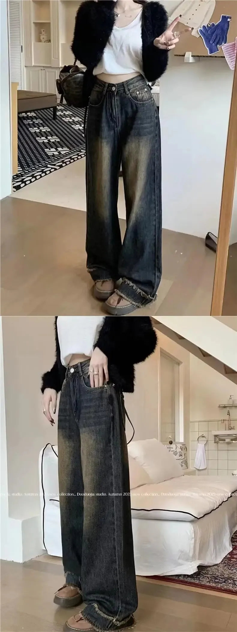 Vintage High-waisted Plus-size Jeans Women's Loose-fit Straight-leg Wide-leg Dragged Pants Autumn/winter Season