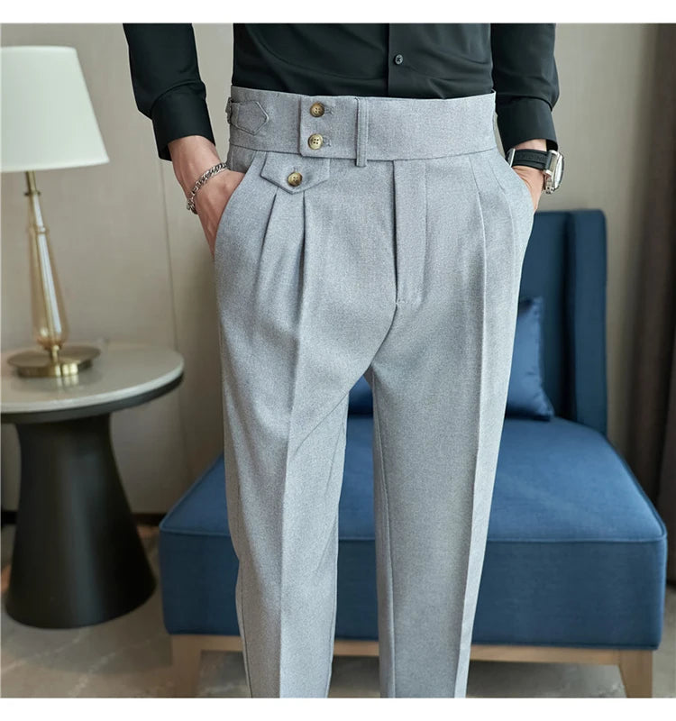 British Style Pants Men High Waist Belt Design Casual Slim Formal Office Dress Pant Men Social Wedding Party Dress Suit Trousers