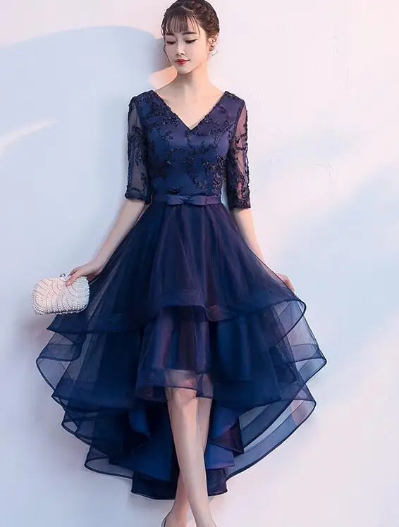 DongCMY New 2025 Navy Blue Color V-Neck Formal Bridesmaid Dresses Half Sleeves Women Elegant Bride Gown