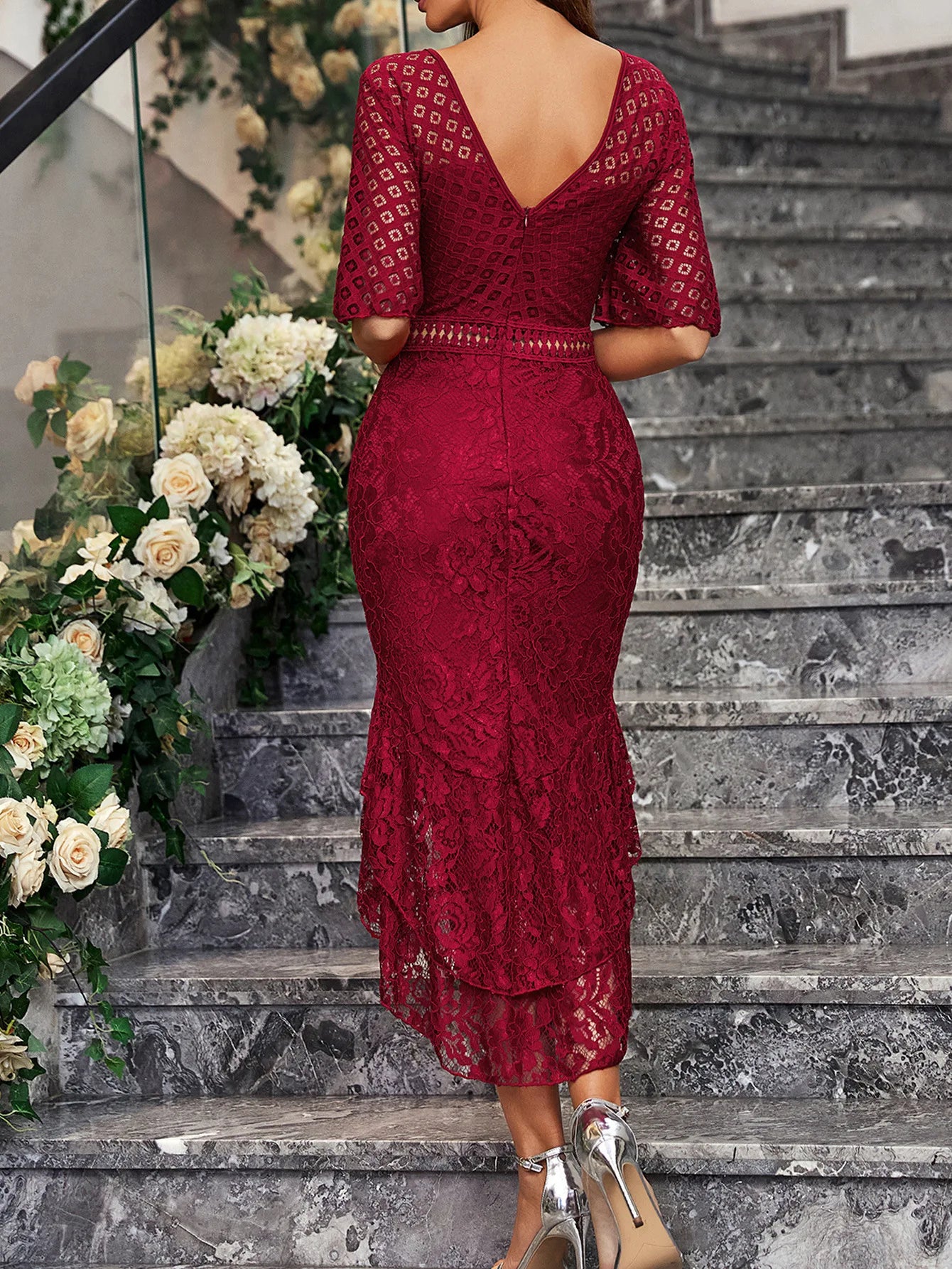 Women Sexy V Neck Lace-Up Slim Long Dress Elegant Lace Flower Cherrykeke Vestidos Fashion 2024 Summer Holiday Wedding Party Robe