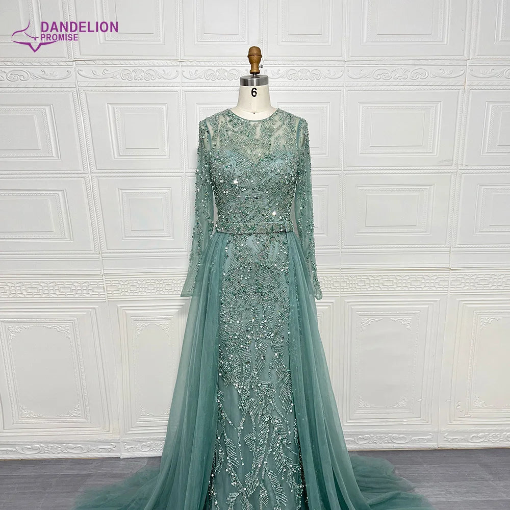 Luxury Mermaid Elegant Long Sleeves Beaded Arabic Evening Dresses O-Neck Tulle Overskirt Gowns For Women 2024 Wedding Party