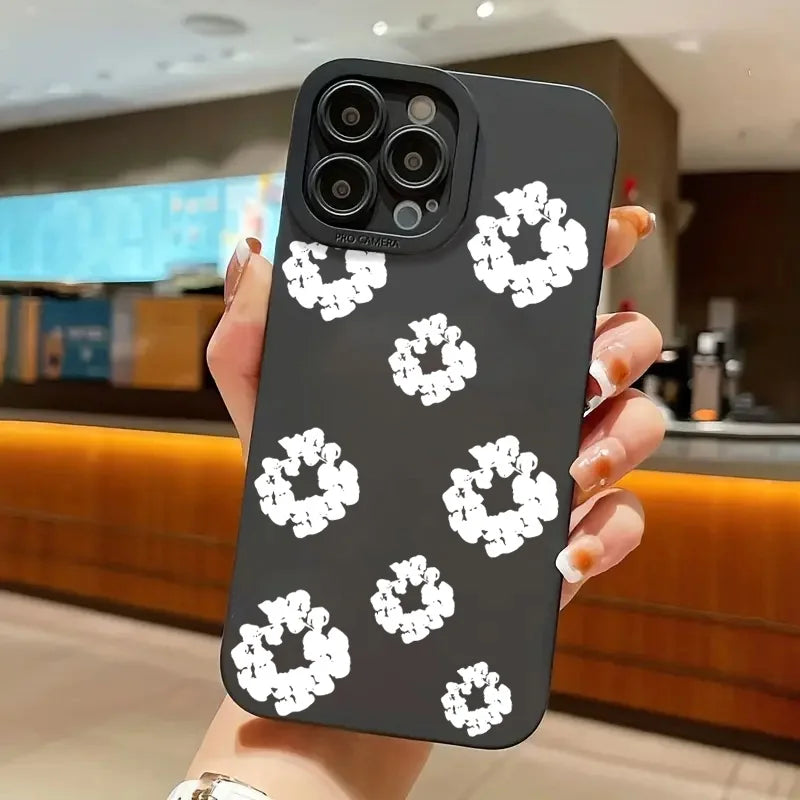 Case For iPhone 16 Cases iPhone 15 11 12 13 14 Pro Max X XS XR 7 8 14 15 Plus Black Stylish Flower Patterned Design Phone Cover