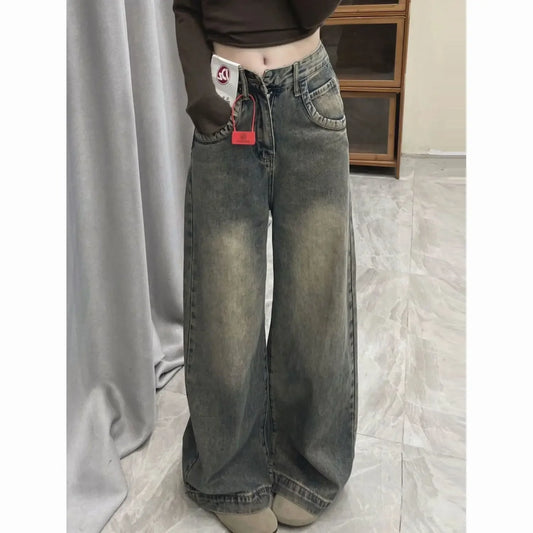 Vintage Distressed Wide-leg Jeans Women's Spring Summer New Loose-fit Slimming Draped Versatile Trailing Straight-leg Trousers