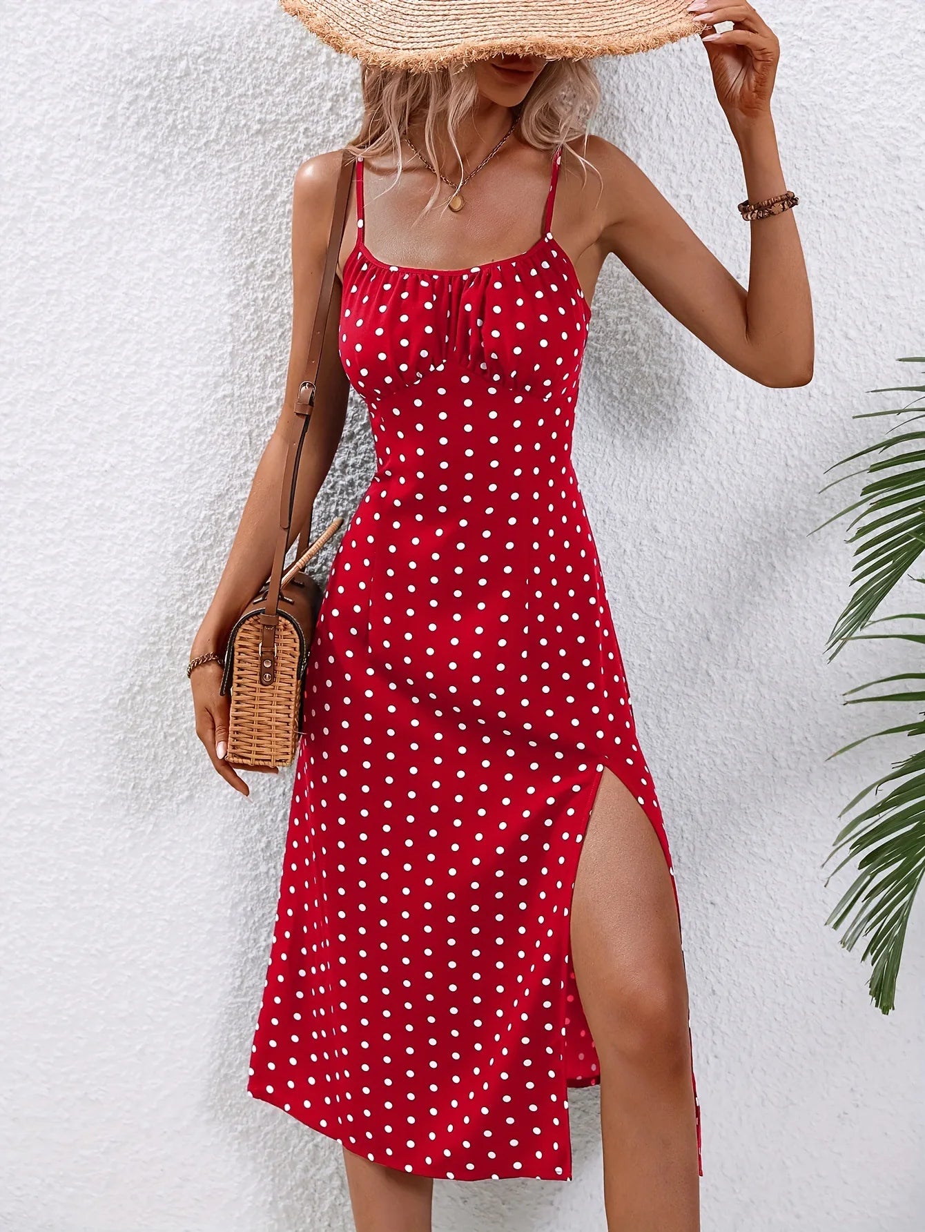 2024 Summer Sexy Spaghetti Straps Dress Women Fashion Polka Dot Print Sleeveless Slit Dress Boho Casual Beach Midi Dresses