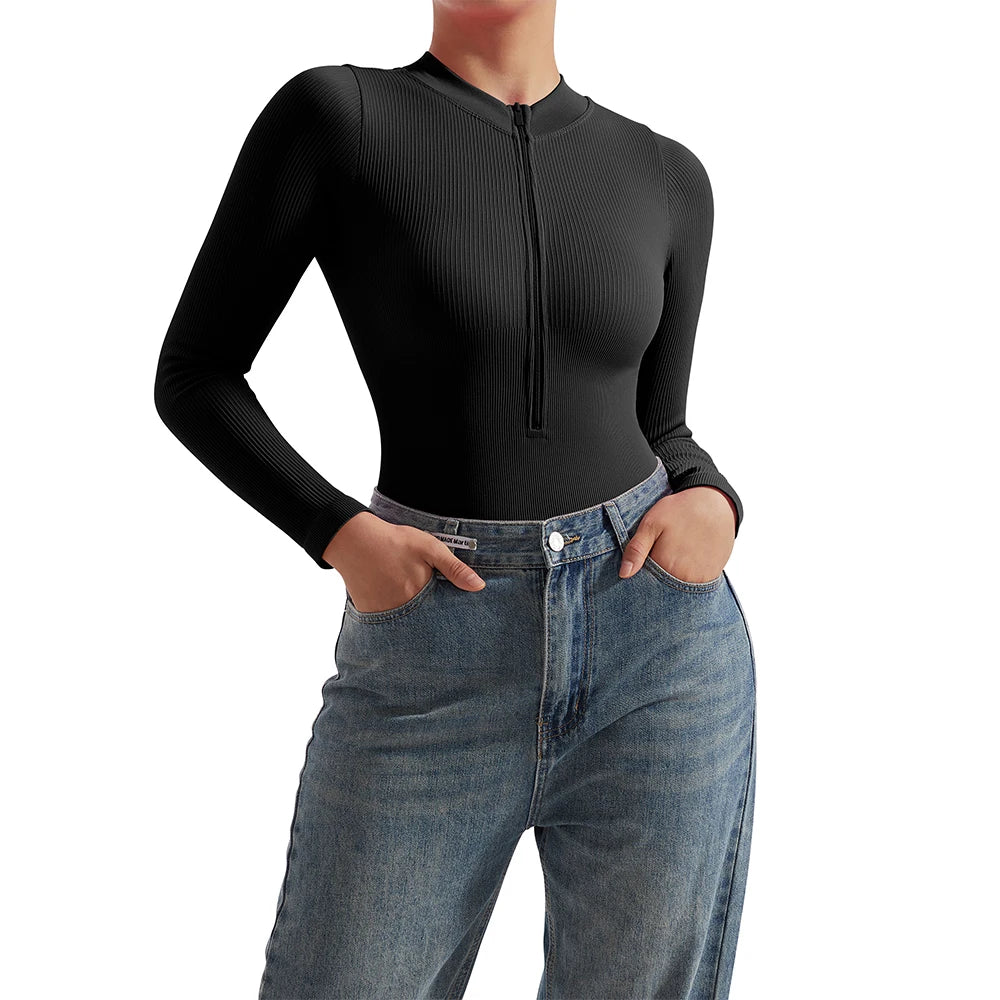 Slim Ladies Sexy Bodysuit Solid Fashion Skinny Bodycon Women Bodysuit Long Sleeve V-Neck Casual Black Beige Female Bodysuit