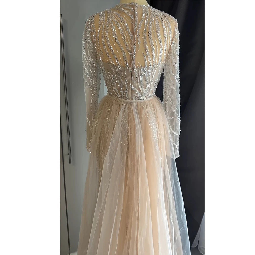 Elegant Evening Dress for Women 2025 Long Sleeves Mermaid Detachable Train Pearls Formal Prom Wedding Party Gown Customized