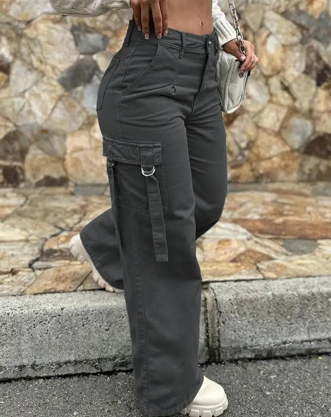 Green Cargo Pants Pocket Design High Waist Button Solid Color Pants 2025 Summer New Fashion Loose Women's Pants Streetwear