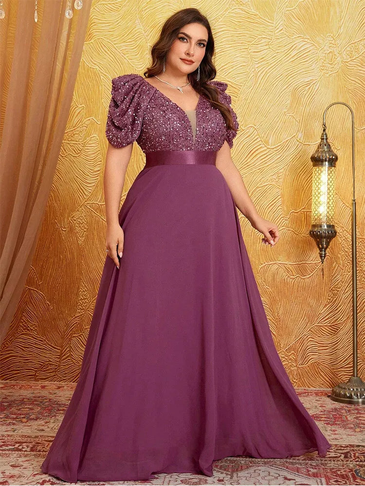 Plus Size V Neck Puff Sleeve Sparkling Evening Dress 4XL 5XL Big Size Lotus Pink Luxury Wedding Banquet Bridesmaid Prom Gown