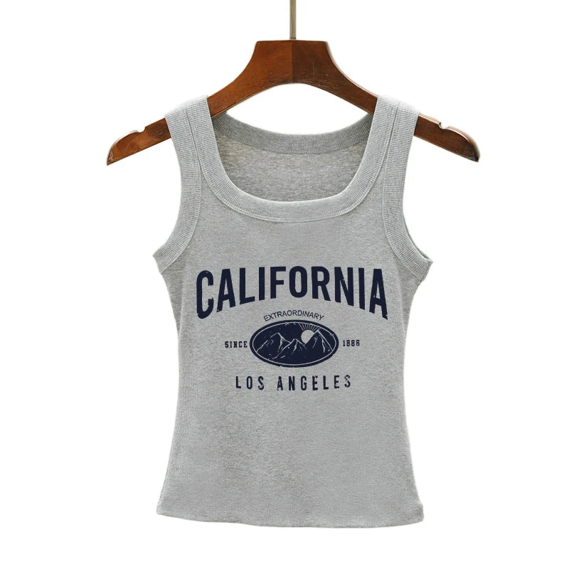 California Los Angeles Prints Tank Top Summer Women Sleeveless Tight Ribbed Female Cotton Knit Vest Straps Casual Street Clothes