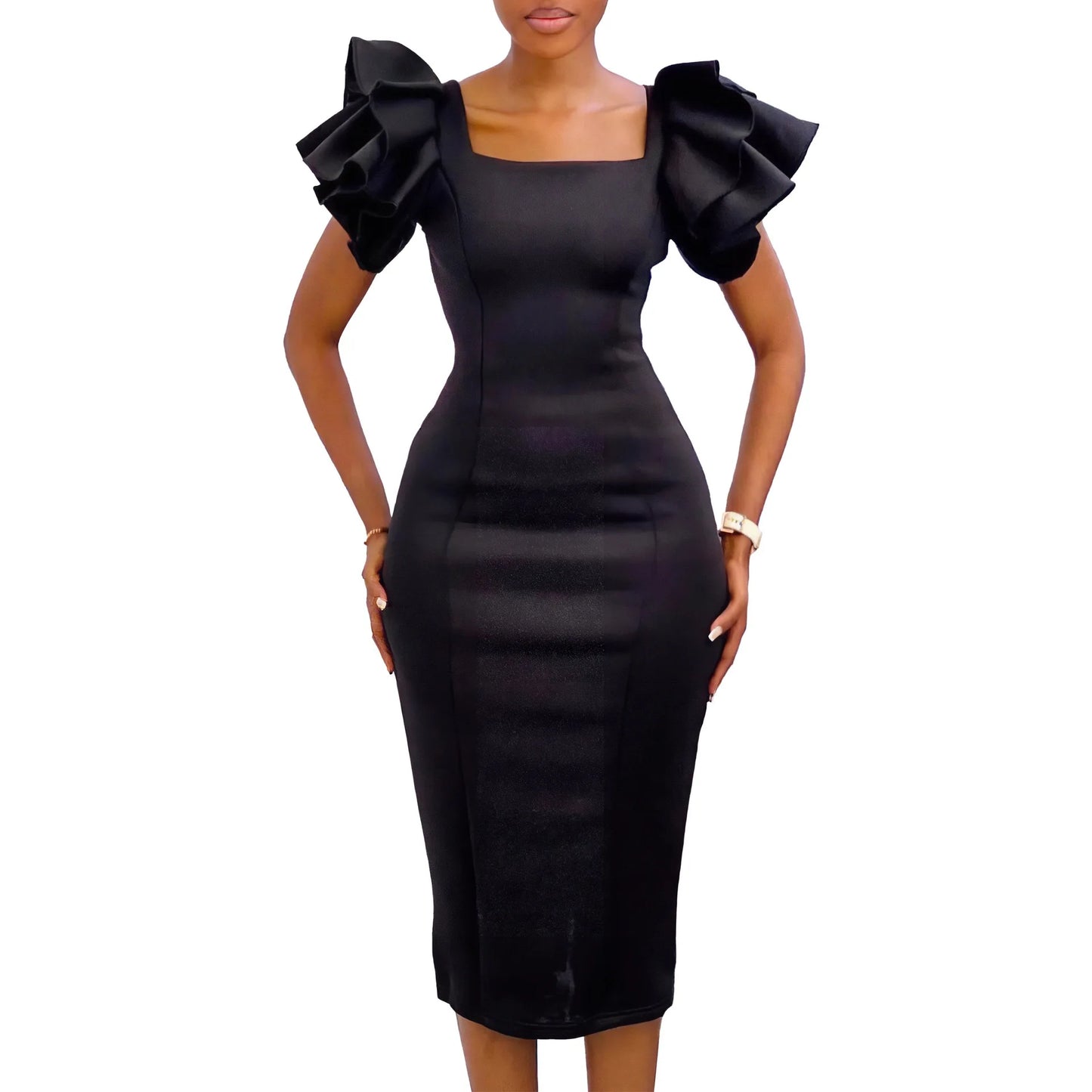 Elegant Bodycon Dresses for Women Square Neck Ruffles Sleeve Sheath Package Hips Mid Calf Professional Business Work Dress Midi