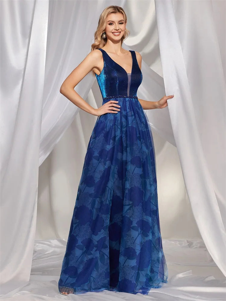 Lucyinlove Luxury Sexy Deep V-Neck Sleeveless Blue Evening Dress 2024 Women Elegant Wedding Party Long Prom Cocktail Dresses