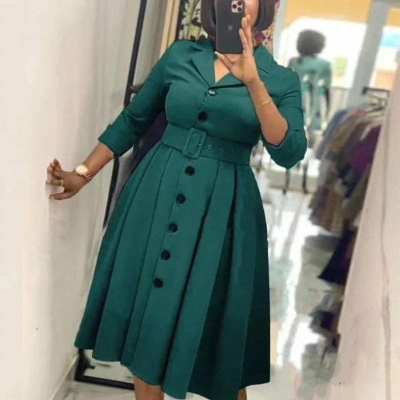 Office Dresses for Women Long Sleeve Button Down Notched Lapel Waist Belt A Line Midi Dresses Elegant Work Business Church Wear