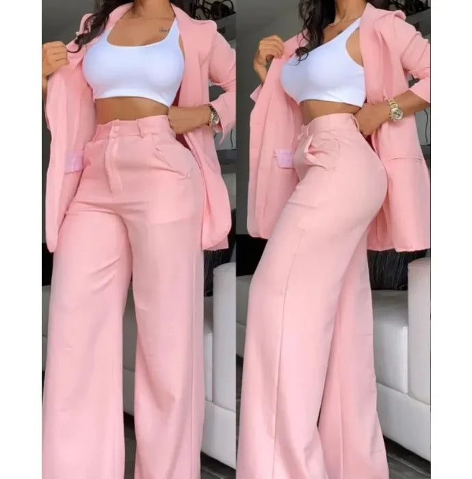 Elegant Autumn Women's Blazer and Pants Two Piece Set Female Outifits Fashion Notched Collar Coat & Pocket Design Trouser Suit