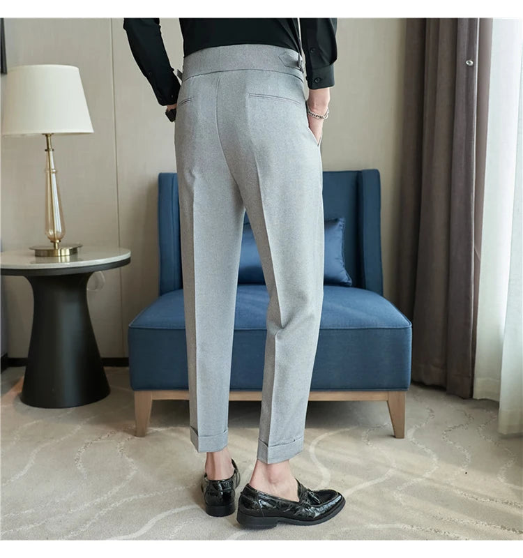 British Style Pants Men High Waist Belt Design Casual Slim Formal Office Dress Pant Men Social Wedding Party Dress Suit Trousers