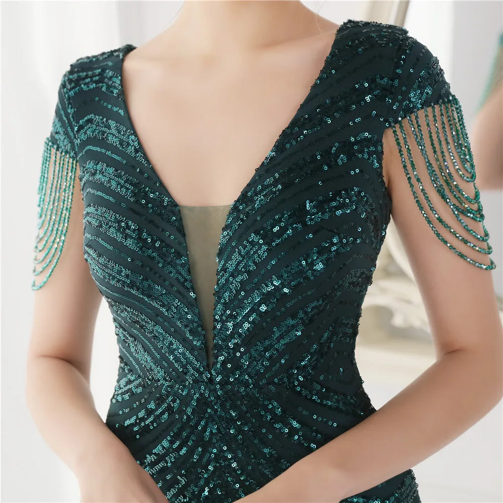 DEERVEADO Elegant V Neck Mermaid Evening Dress Long Luxury Beads Women Evening Party Dresses 2023 New Formal Dress 19085