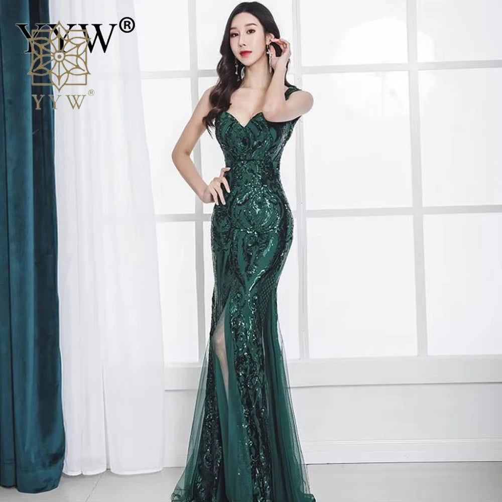 Shinny Gold Sequined V Neck Sleeveless Elegant Evening Dresses Sexy Robe De Soiree Formal Dress Luxury Mesh Club Party Vestidos