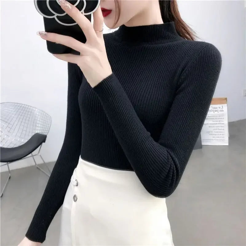 Red Knitted Sweater Women Pullovers Slim Fit Stand Collar Long Sleeve Spring Autumn Basic Sweaters Female Casual Stripes Tops