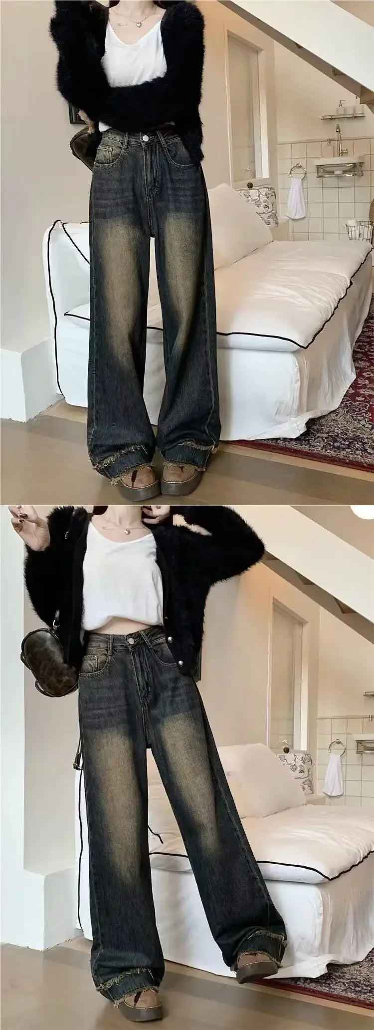 Vintage High-waisted Plus-size Jeans Women's Loose-fit Straight-leg Wide-leg Dragged Pants Autumn/winter Season