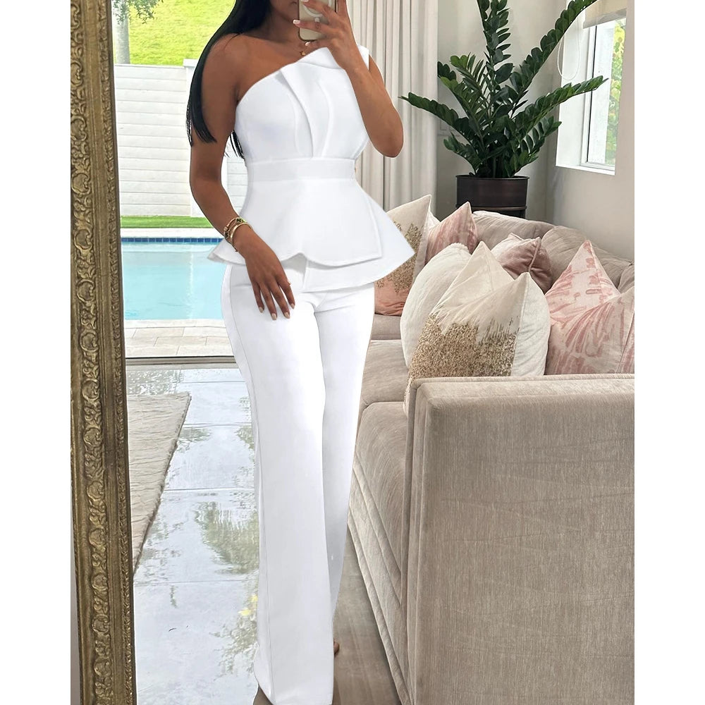 Women One Shoulder Ruched Top & Straight Leg Pants Set Causal Elegant Solid Color Two Pieces Office Suits Set y2k Clothes