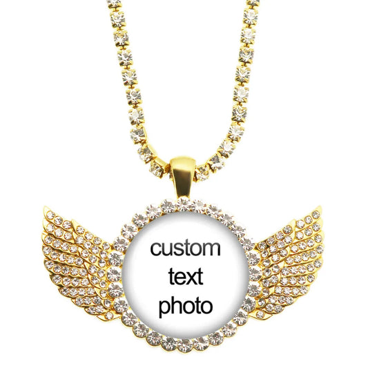 Custom Photo Necklace Crystal Angel Wing Personalized Glass Cabochon Pendant Necklace Baby Mom Dad Family Anniversary Gift