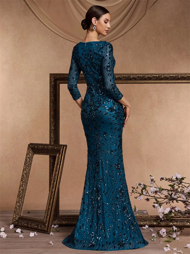 XUIBOL Luxury Blue Sequins Evening Dress Women 2024 Mermaid Formal V-neck Prom Elegant Long sleeve Wedding Party Cocktail Gowns