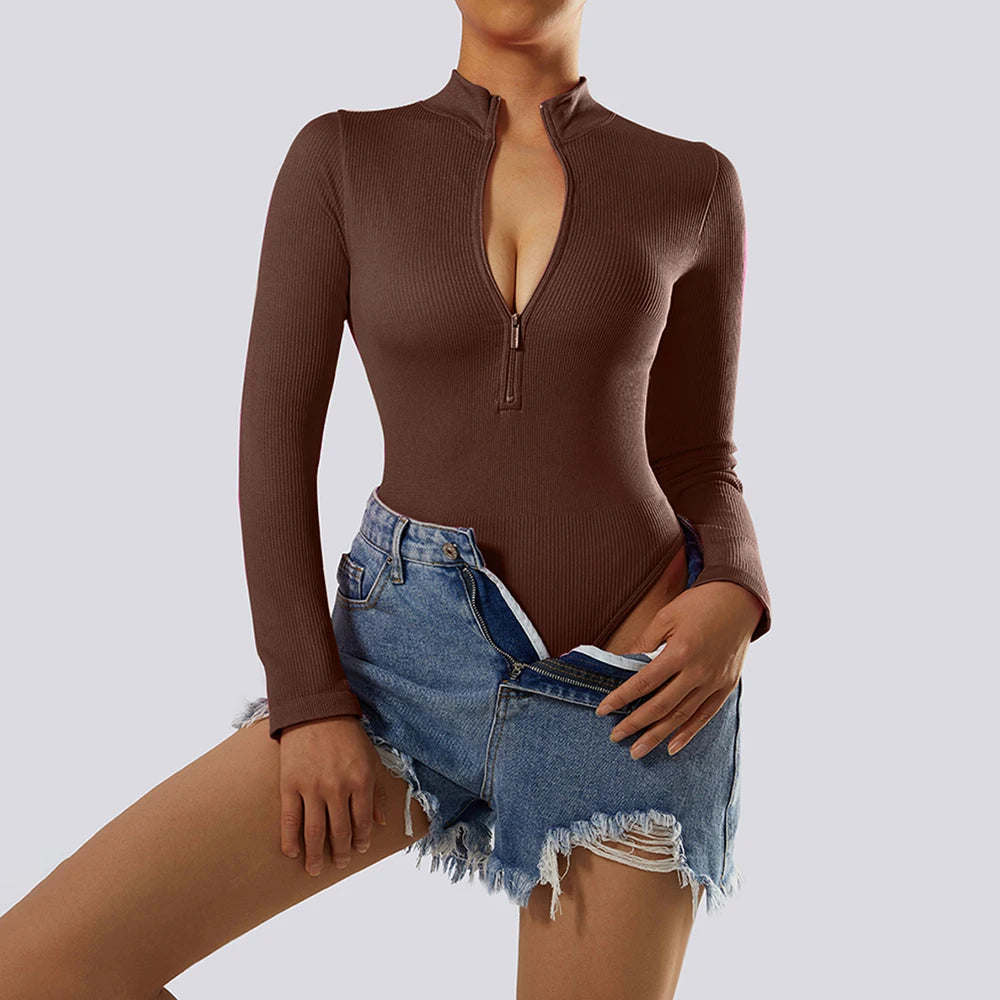 Slim Ladies Sexy Bodysuit Solid Fashion Skinny Bodycon Women Bodysuit Long Sleeve V-Neck Casual Black Beige Female Bodysuit