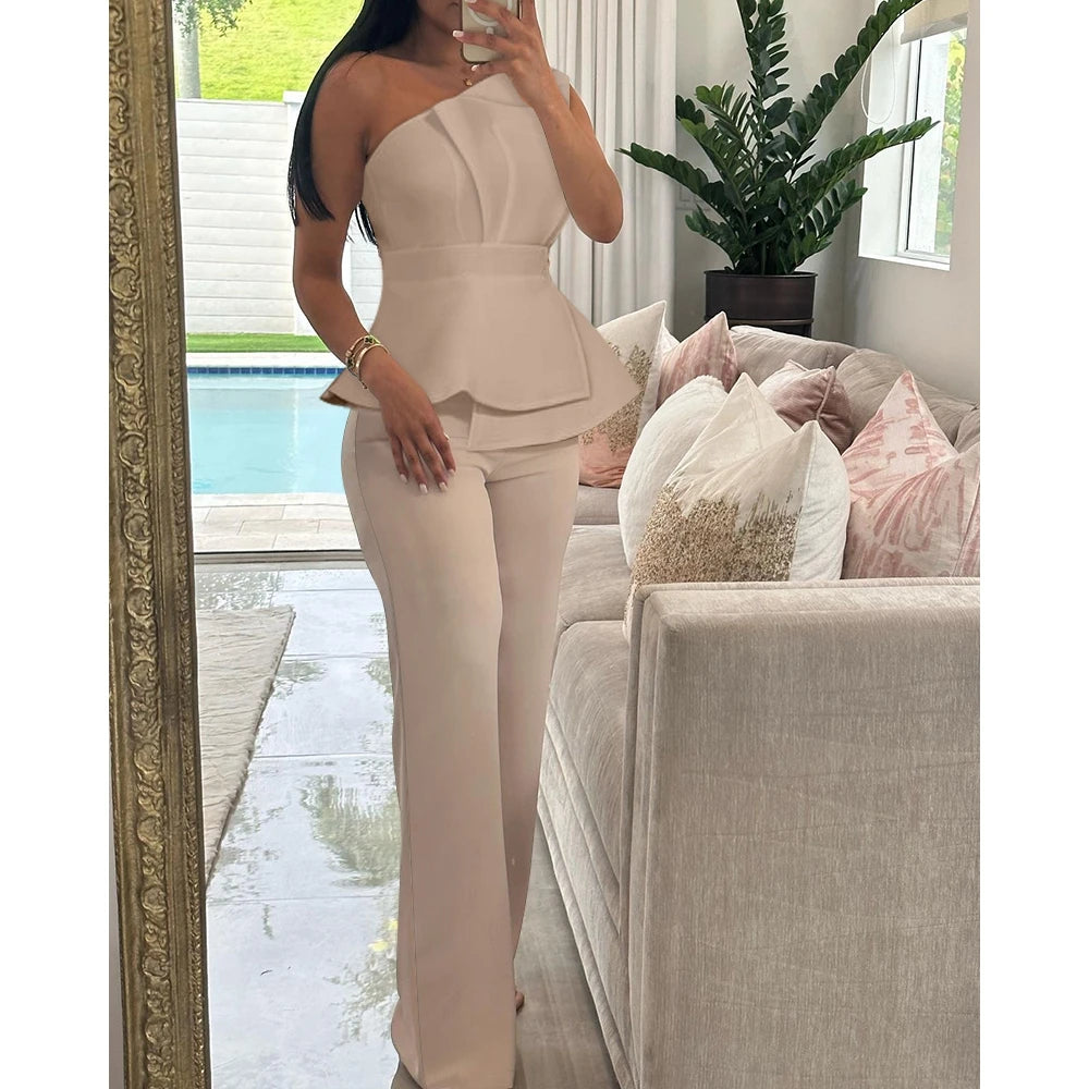 Women One Shoulder Ruched Top & Straight Leg Pants Set Causal Elegant Solid Color Two Pieces Office Suits Set y2k Clothes