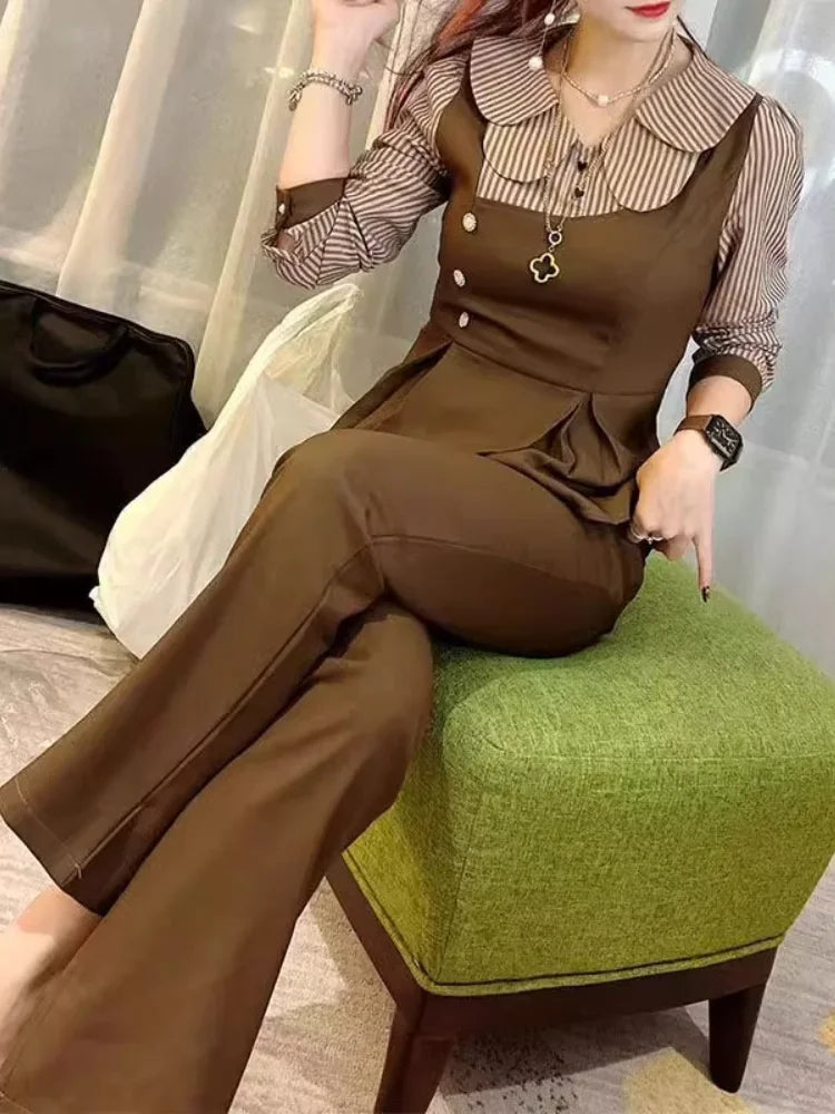 Fashion Ladies Set Office Clothes Autumn New Retro Slim Doll Collar Stripe Spliced Shirt Top Straight Pants 2-Piece Suit Women