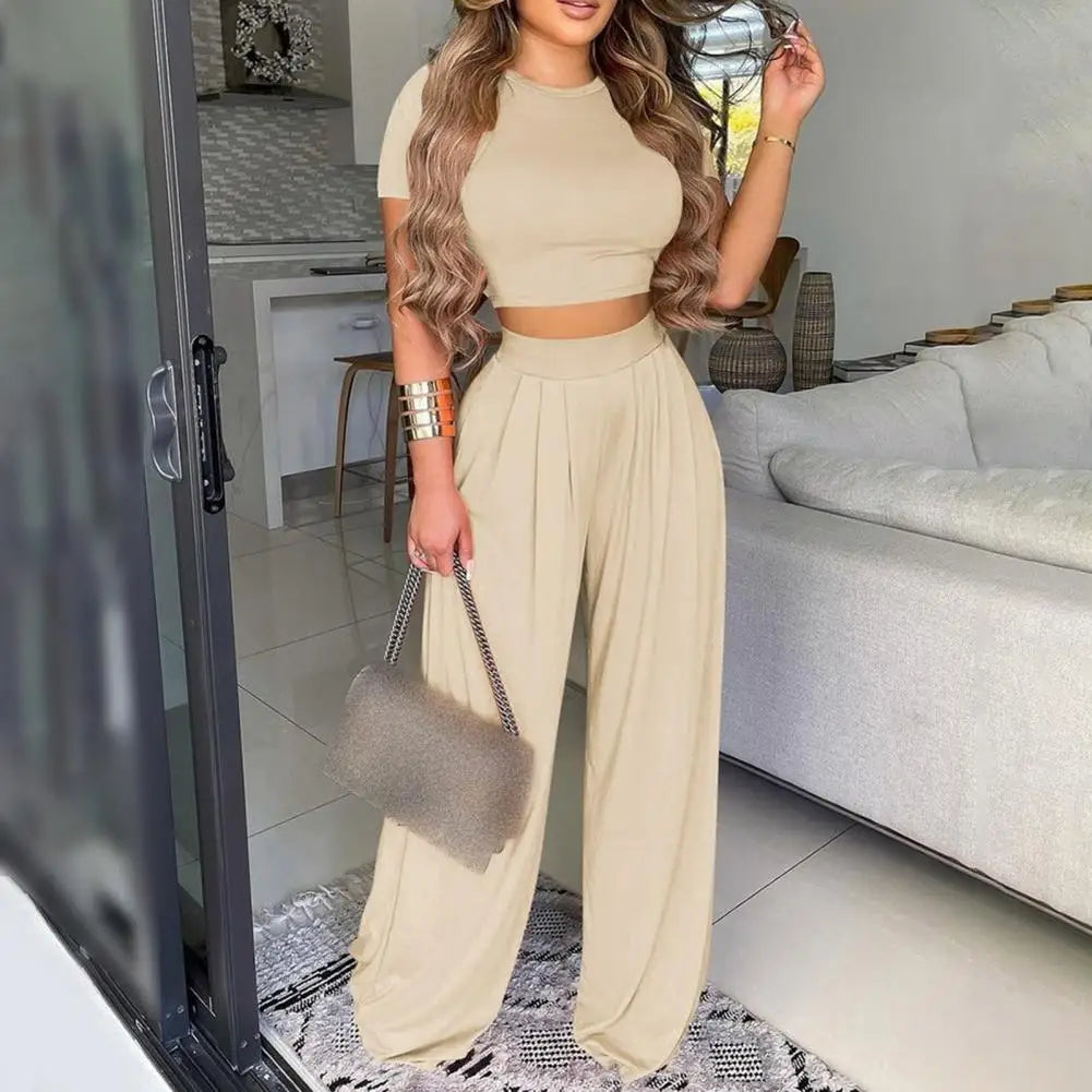 Summer Elegant Women Two Piece Set Fashion O-Neck Slim Tops And Wide Leg Pants Suits For Ladies Casual Floral Print Chic Outfits