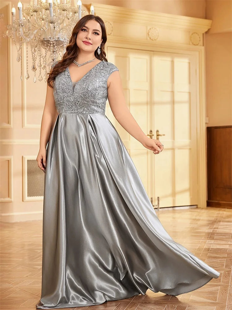 XUIBOL Plus Size Luxury Grey Satin V-Neck Evening Dress Elegant 2024 Women Wedding Party Prom Floor Lenght Cocktail Dress