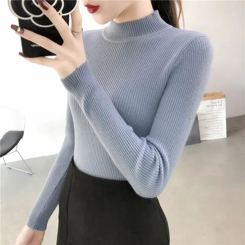 Red Knitted Sweater Women Pullovers Slim Fit Stand Collar Long Sleeve Spring Autumn Basic Sweaters Female Casual Stripes Tops