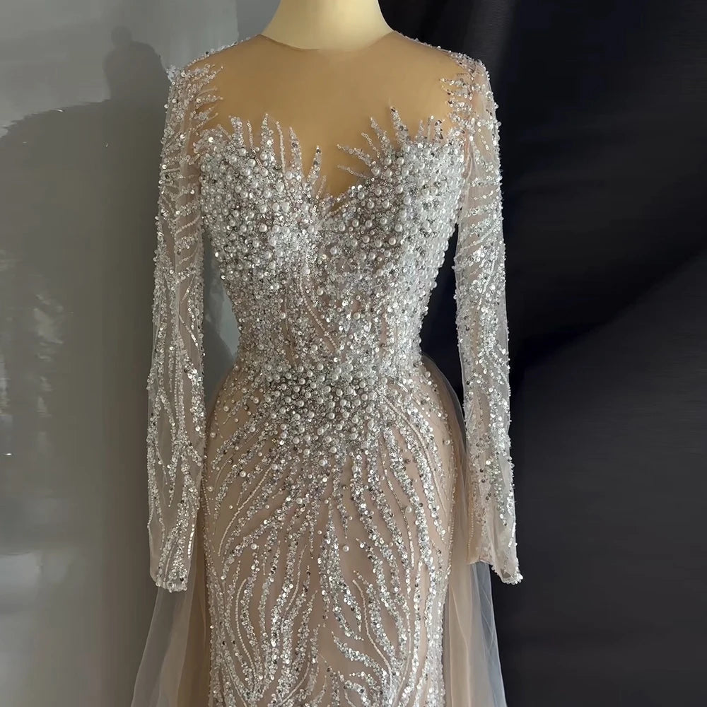 Elegant Evening Dress for Women 2025 Long Sleeves Mermaid Detachable Train Pearls Formal Prom Wedding Party Gown Customized