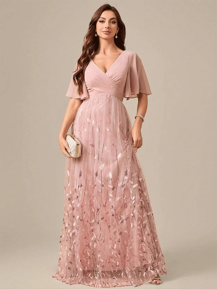 Pink V-Neck Shiny Sequins Floor-Length Short-Sleeved Bridesmaid Luxury Evening Dress Ladies Pink Chiffon Bridesmaid Dress