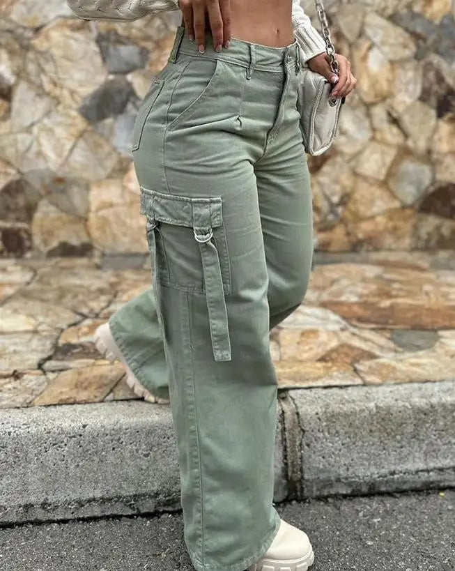 Green Cargo Pants Pocket Design High Waist Button Solid Color Pants 2025 Summer New Fashion Loose Women's Pants Streetwear