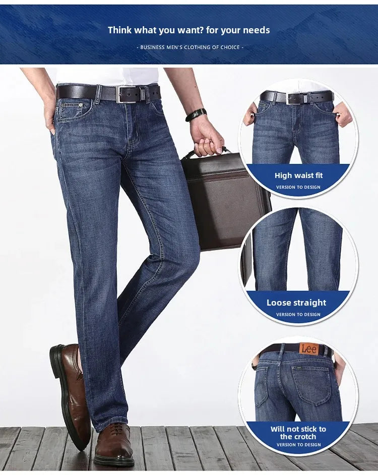 Lee Dex Jeans Men's Straight-leg Loose-fit Spring Summer Thin Elastic Business Casual New High-end Denim Trousers