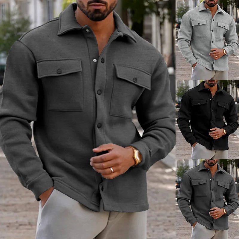 2024 new autumn and winter casual men's warm plush lapel top pocket single-breasted solid color slim fashion jacket outer suit