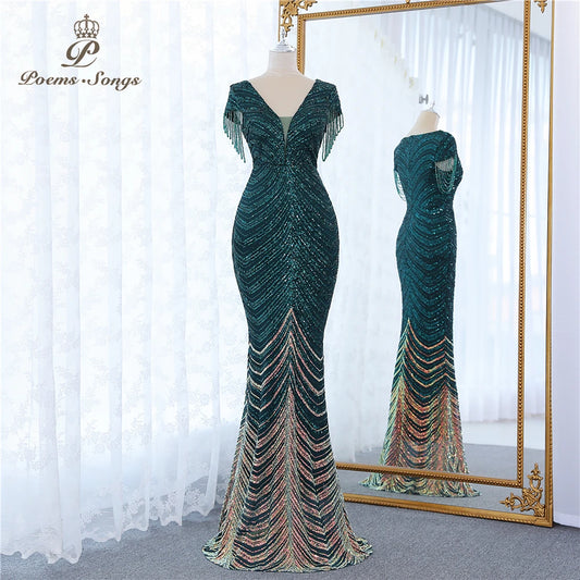 New green Short Sleeve Beaded style mermaid evening dresses vestidos formales vestidos de fiesta robe de soiree de mariage