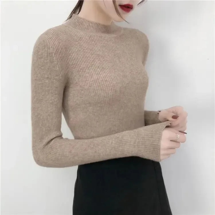 Red Knitted Sweater Women Pullovers Slim Fit Stand Collar Long Sleeve Spring Autumn Basic Sweaters Female Casual Stripes Tops