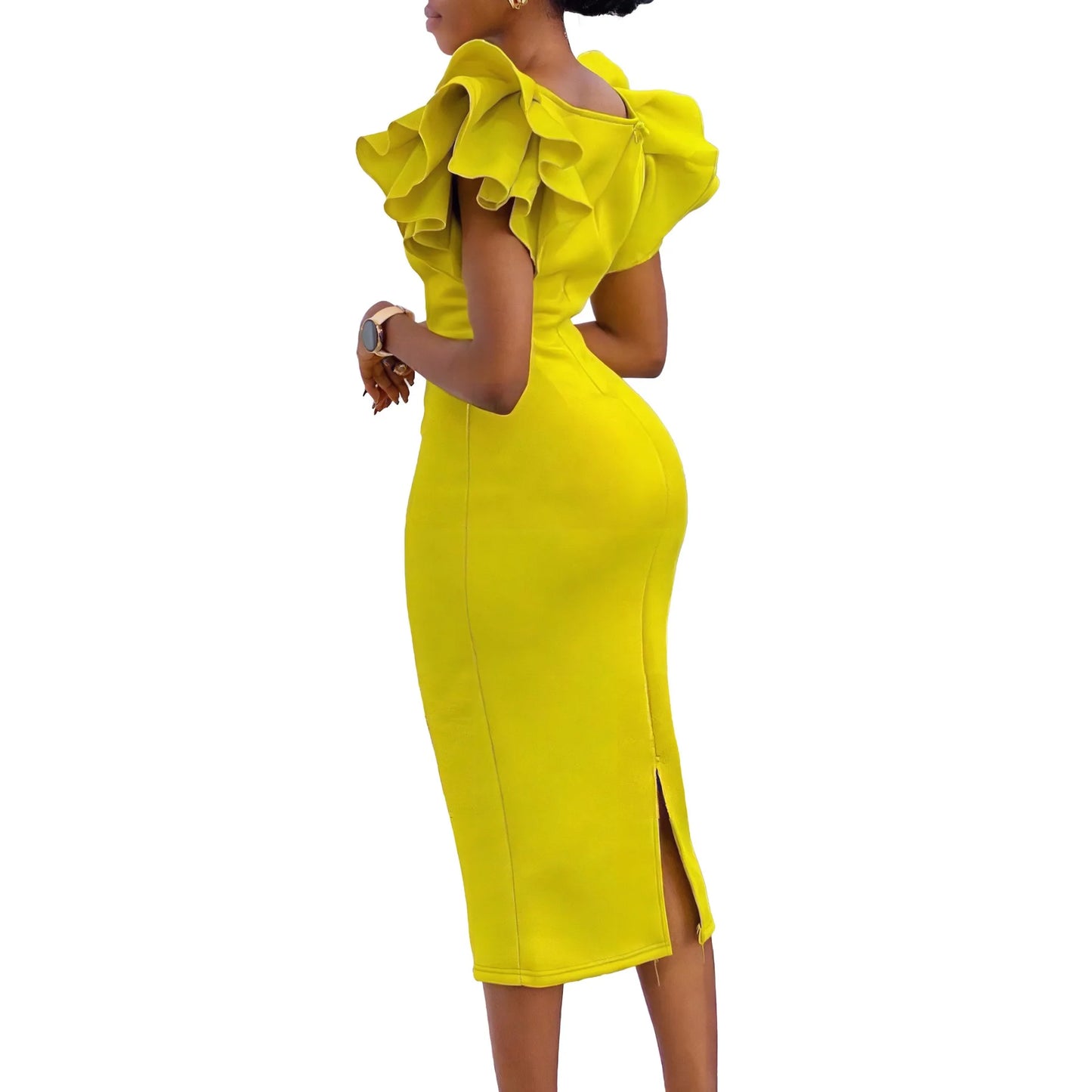 Elegant Bodycon Dresses for Women Square Neck Ruffles Sleeve Sheath Package Hips Mid Calf Professional Business Work Dress Midi